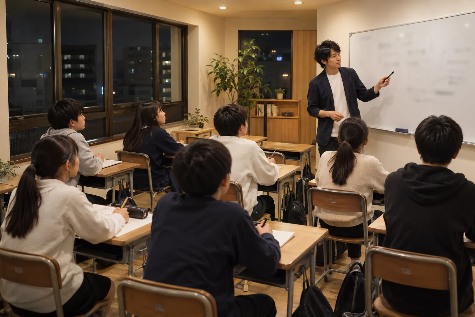 夜の教室で、講師がホワイトボードの前で説明し、生徒が前を向いてノートを取っている様子