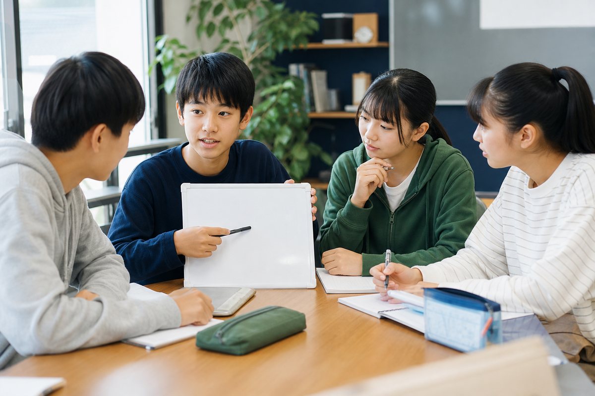 教室で、生徒が同じ問題について自分の考えを説明し合っている様子