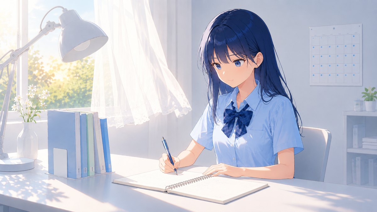 夕方、使い終わったノートが並ぶ机で、落ち着いて書いている様子