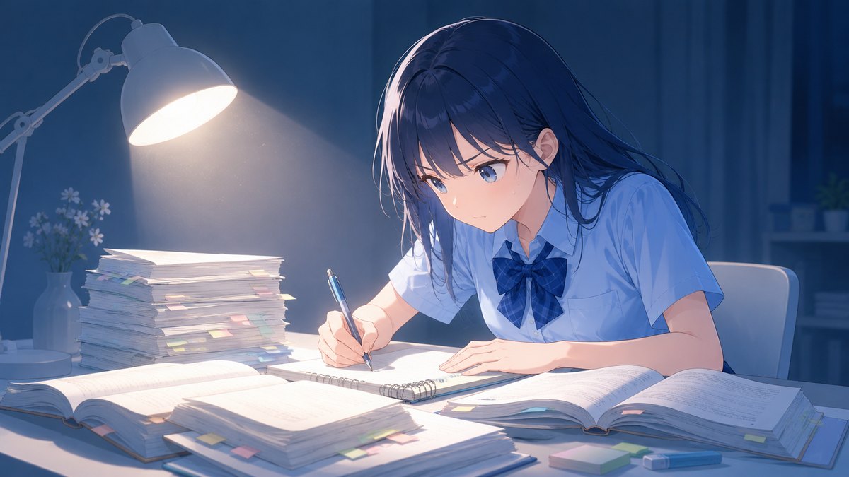 夜、机の上に積まれたプリントに向かって急いで書いている様子