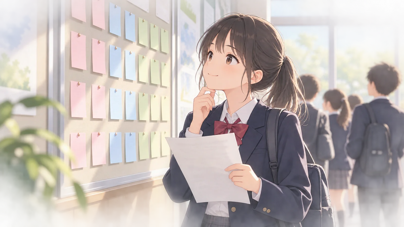 返却されたテストを持ち掲示板のメモを見ながら次の目標を考える中学生