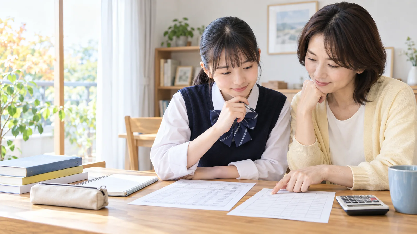 愛知県公立高校入試の評定と当日点を保護者と確認する中学生