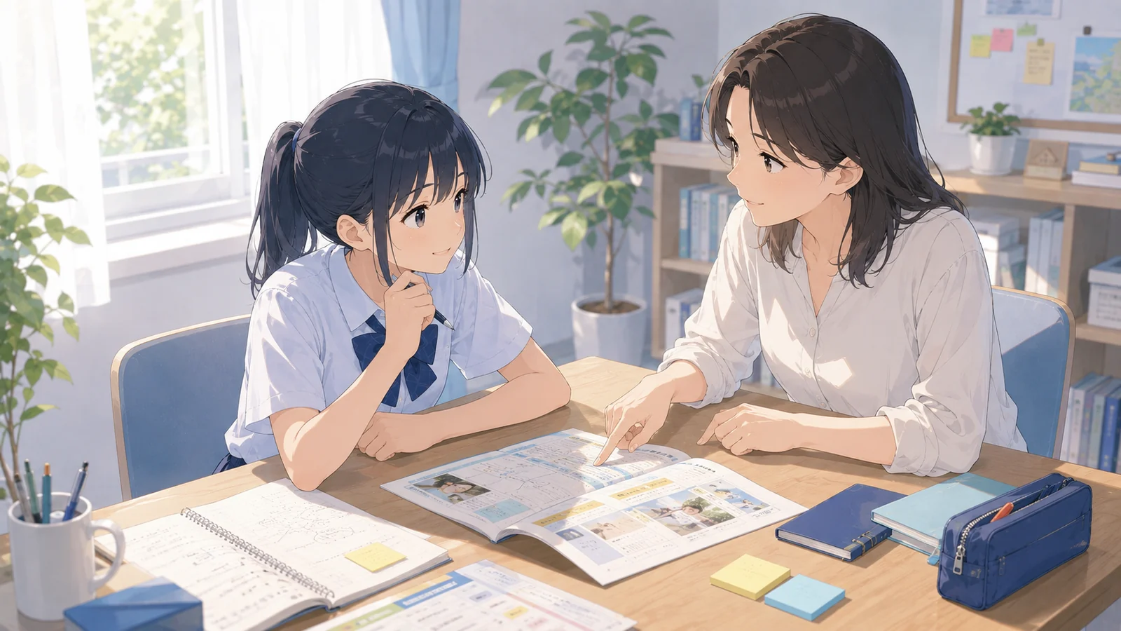 安城市で中学生の塾選びについて親子で相談している様子