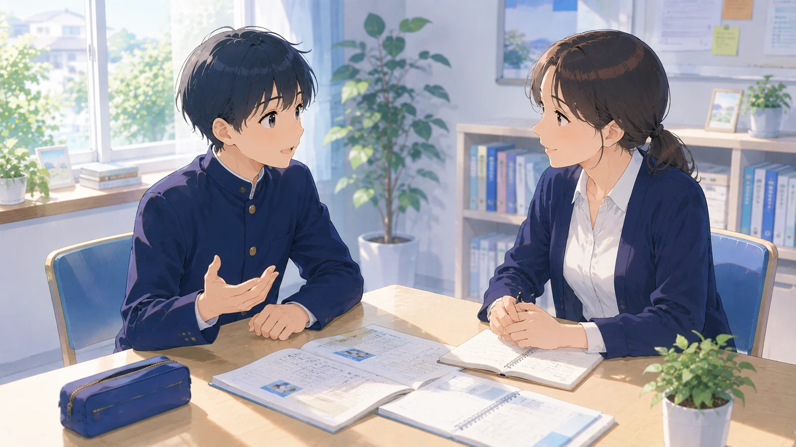 中学生が学習相談で先生に自分の勉強について話している様子