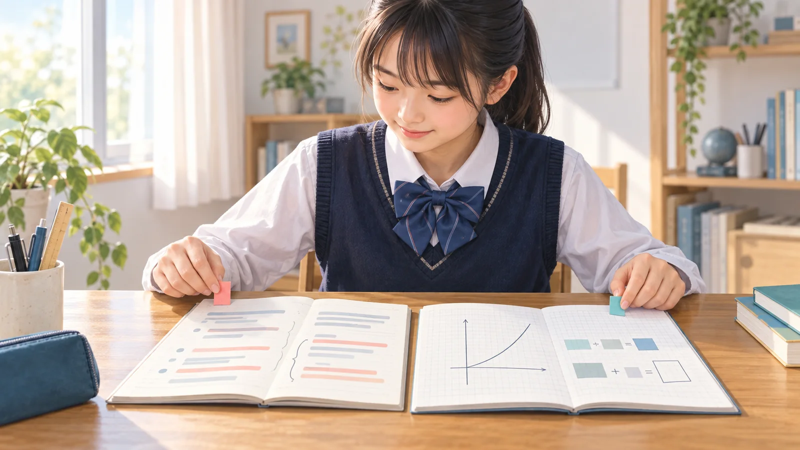 高校受験の準備として英語と数学の復習箇所に付箋を貼る中学2年生