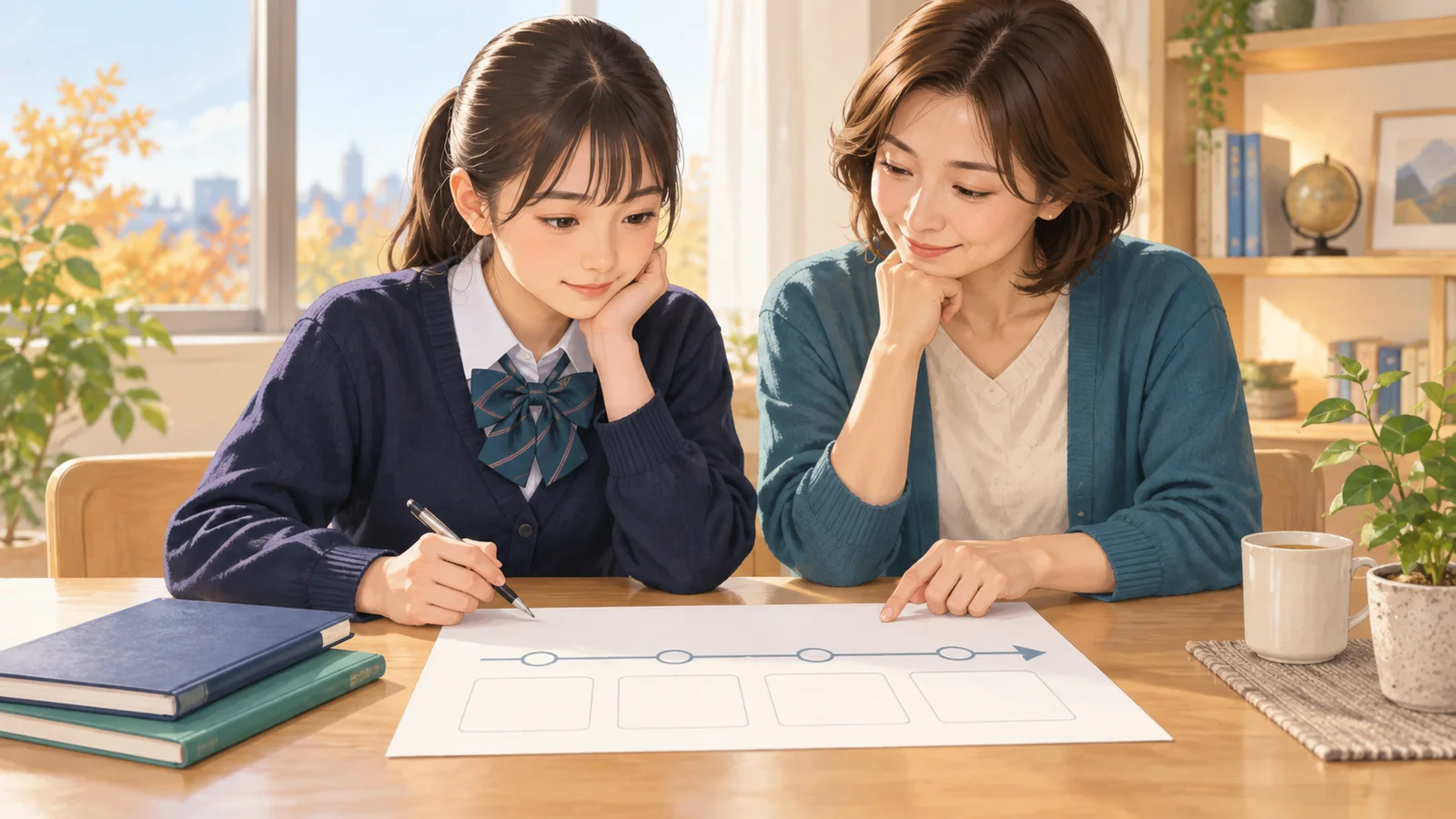秋の高校受験に向けて学習計画を確認する中学3年生と保護者
