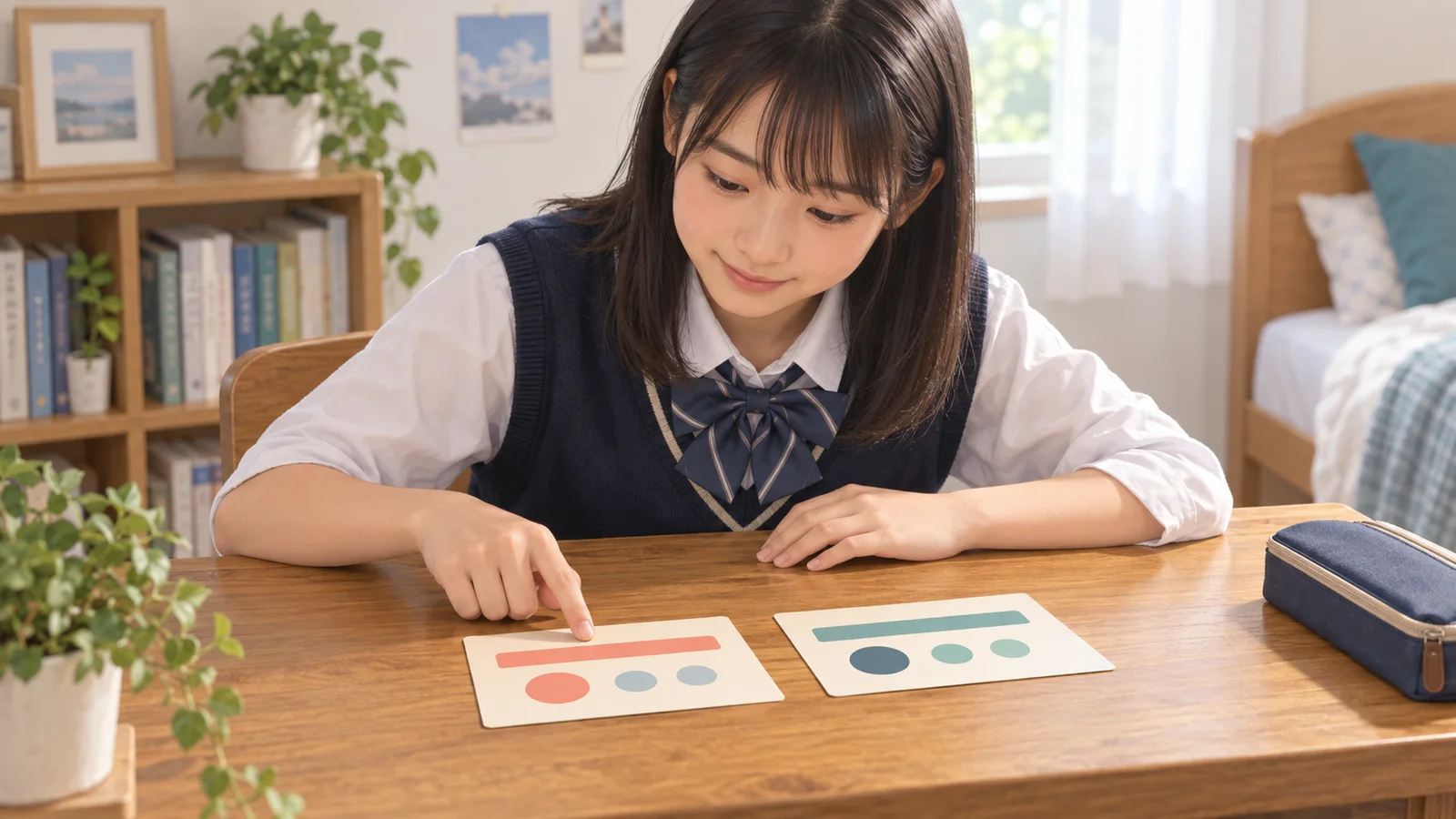 2種類の英文の形を色分けしたカードで比べる中学生