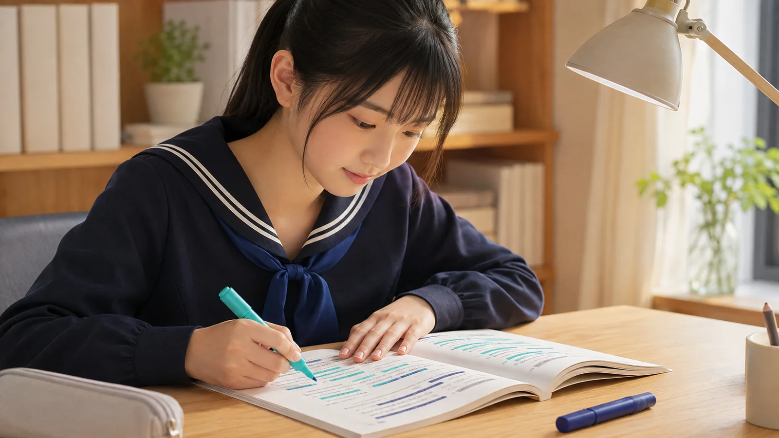 色を使い分けながら英文のまとまりを確認する中学生