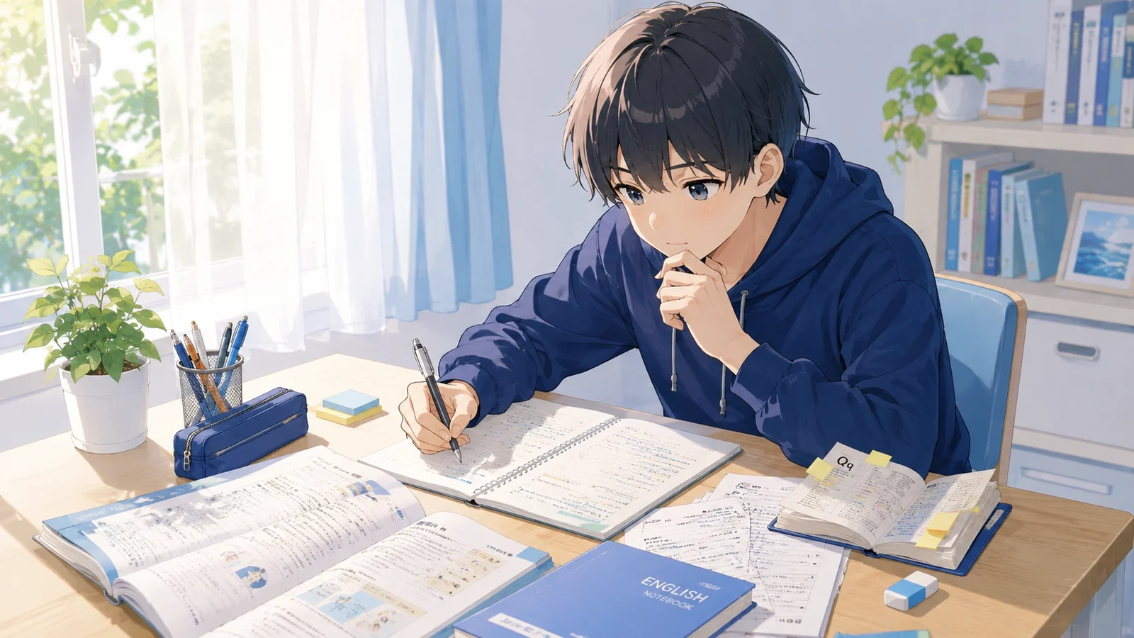 英語の教材を広げて何から勉強するか整理している中学生
