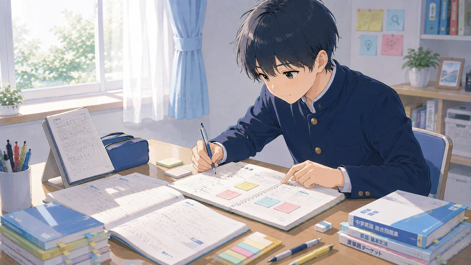文法と単語と英作文を順番に学習している中学生