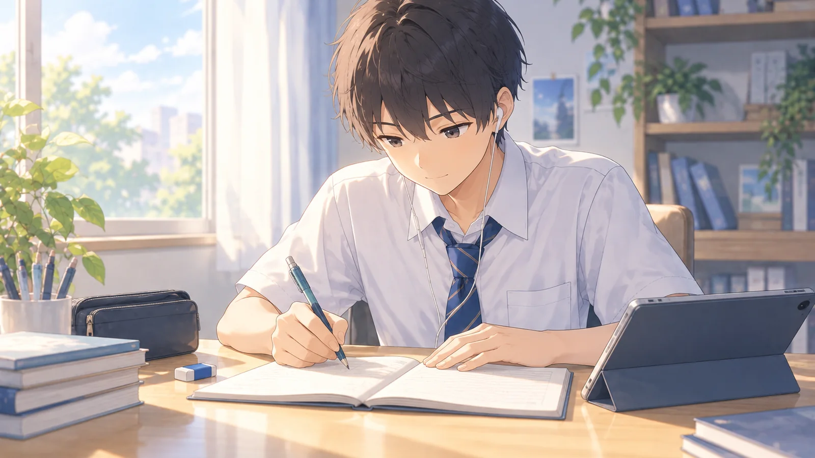 イヤホンで教科書の音声を聞きながら英単語を書き取っている中学生