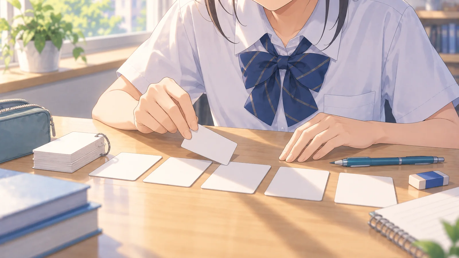 机に並べた単語カードを一枚ずつ裏返して確かめている中学生