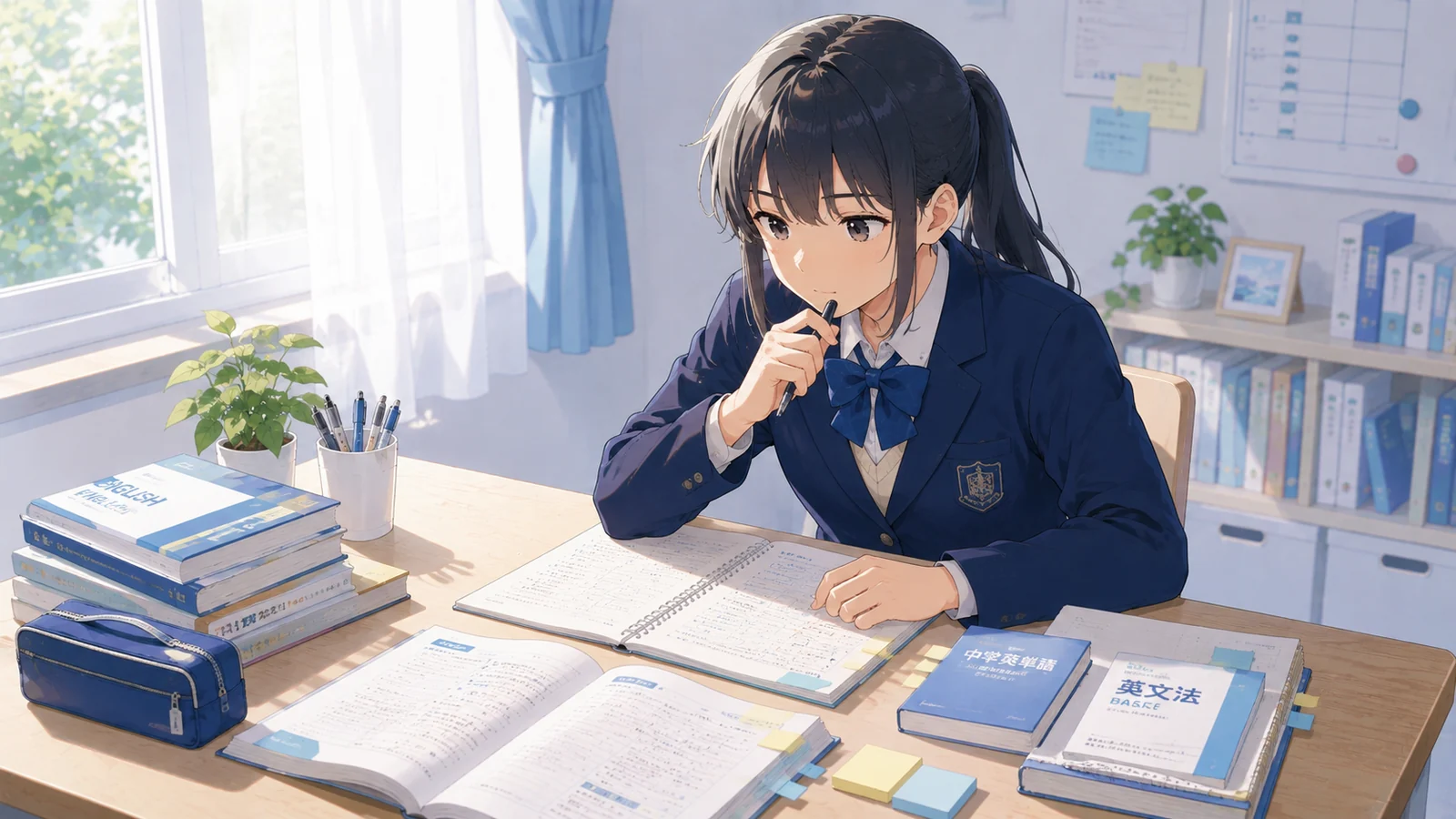 英語のどこがあいまいなのか教材とノートで確認している中学生