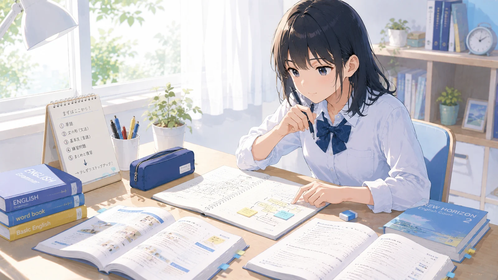 英文の仕組みを考えながら短い英作文を書いている中学生