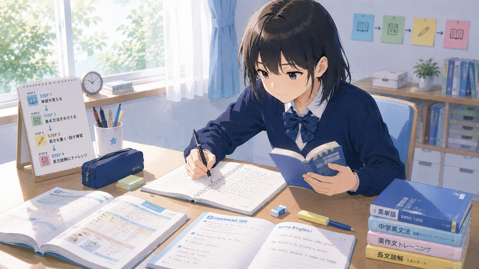 単語文法長文過去問を組み合わせて受験勉強を進めている中学生