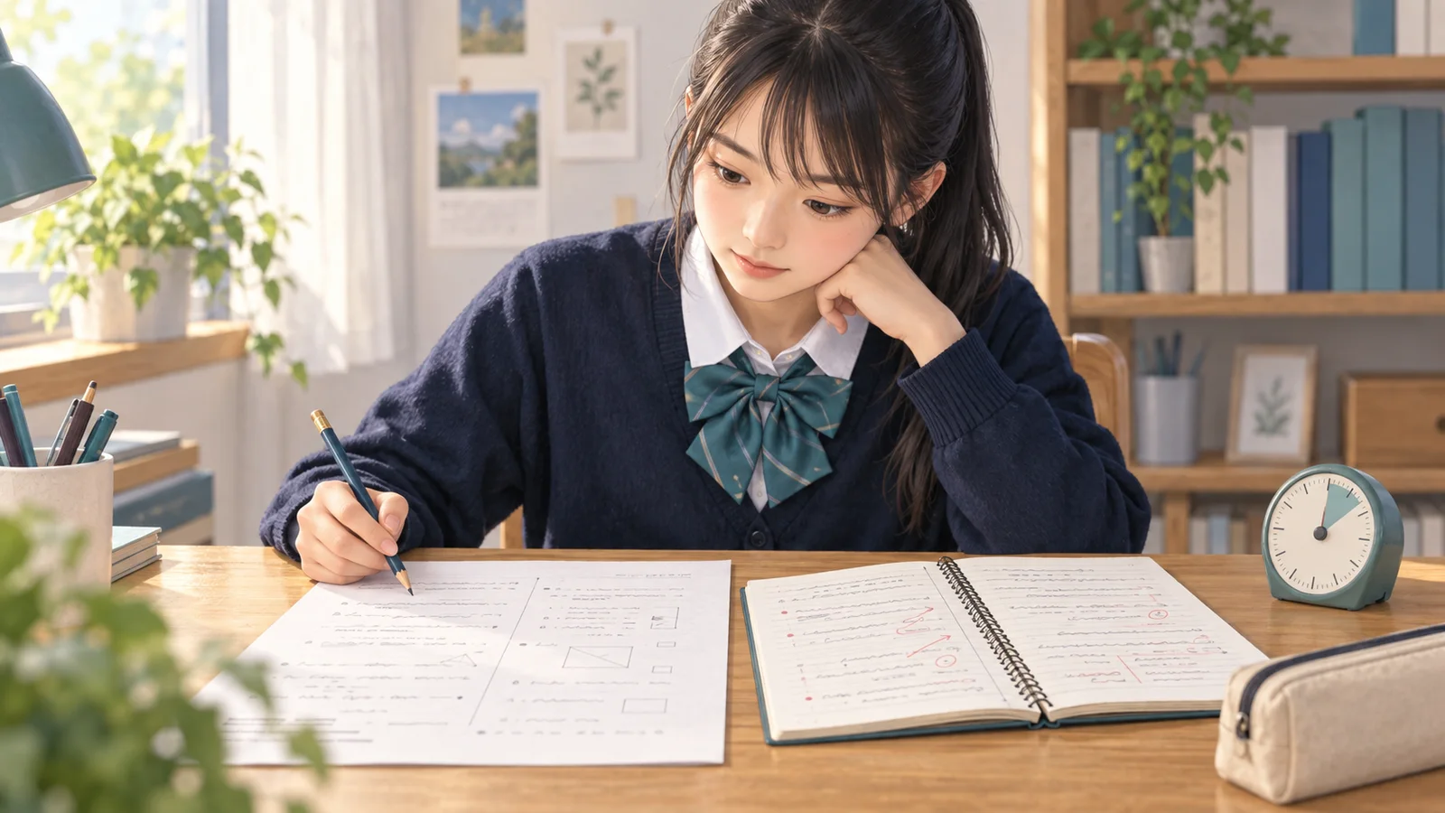 入試の練習問題と解き直しノートを見比べる中学生