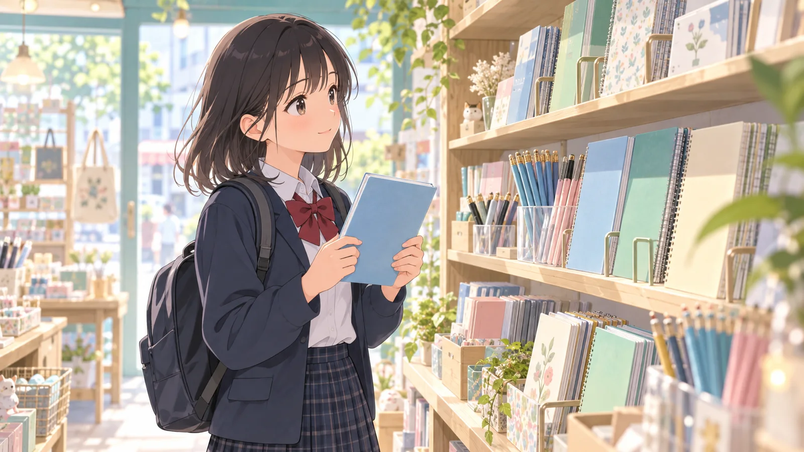 明るい文具店で青いノートを選んでいる中学生
