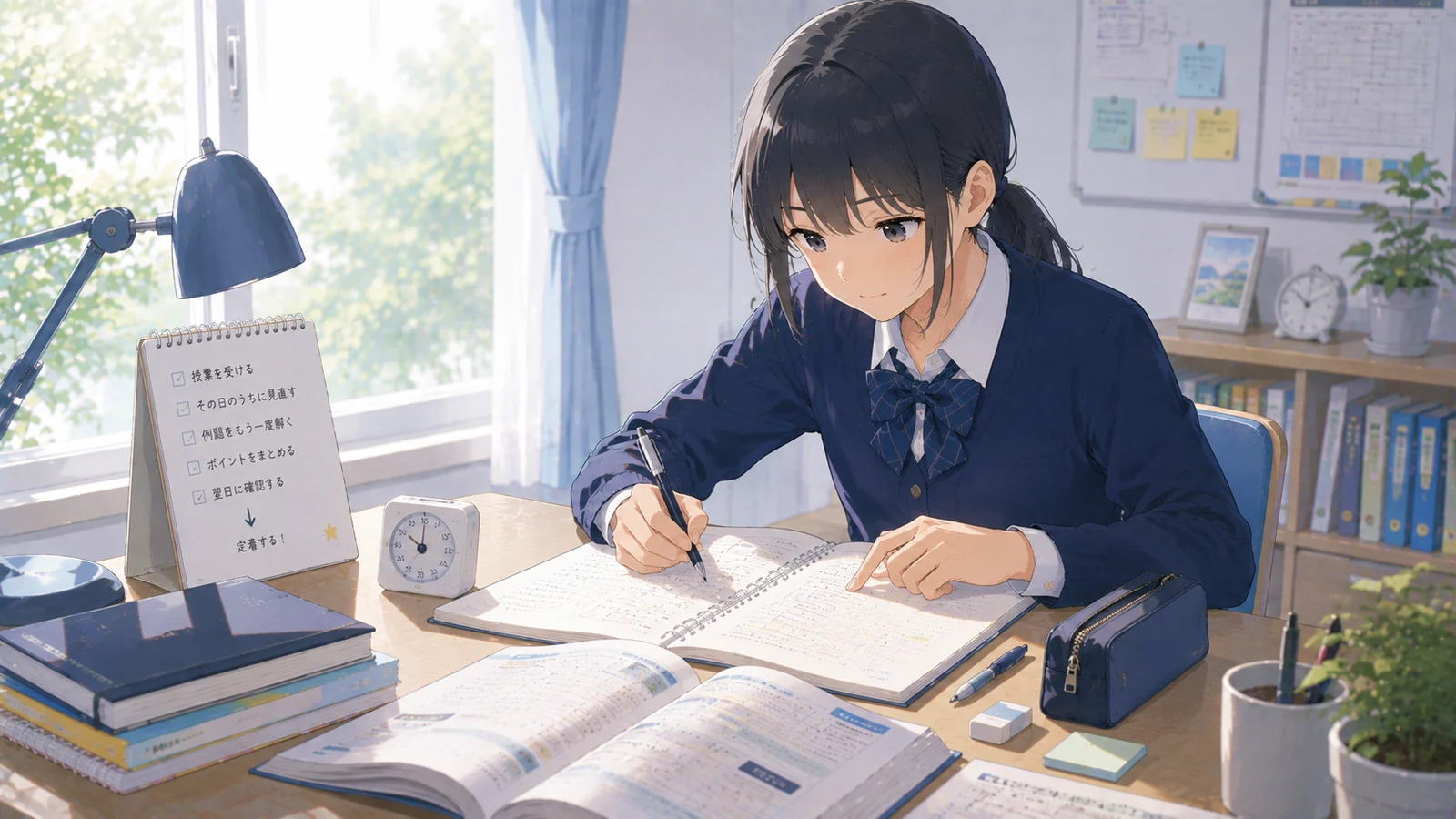 授業後にノートと教材を使って復習している高校生