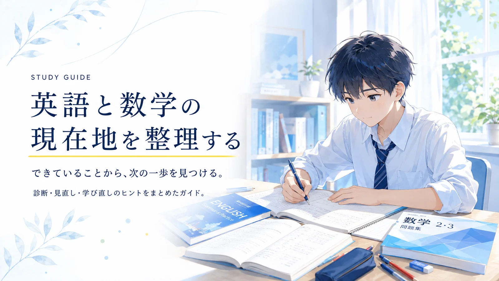 英語と数学の現在の理解度を確認している中学生