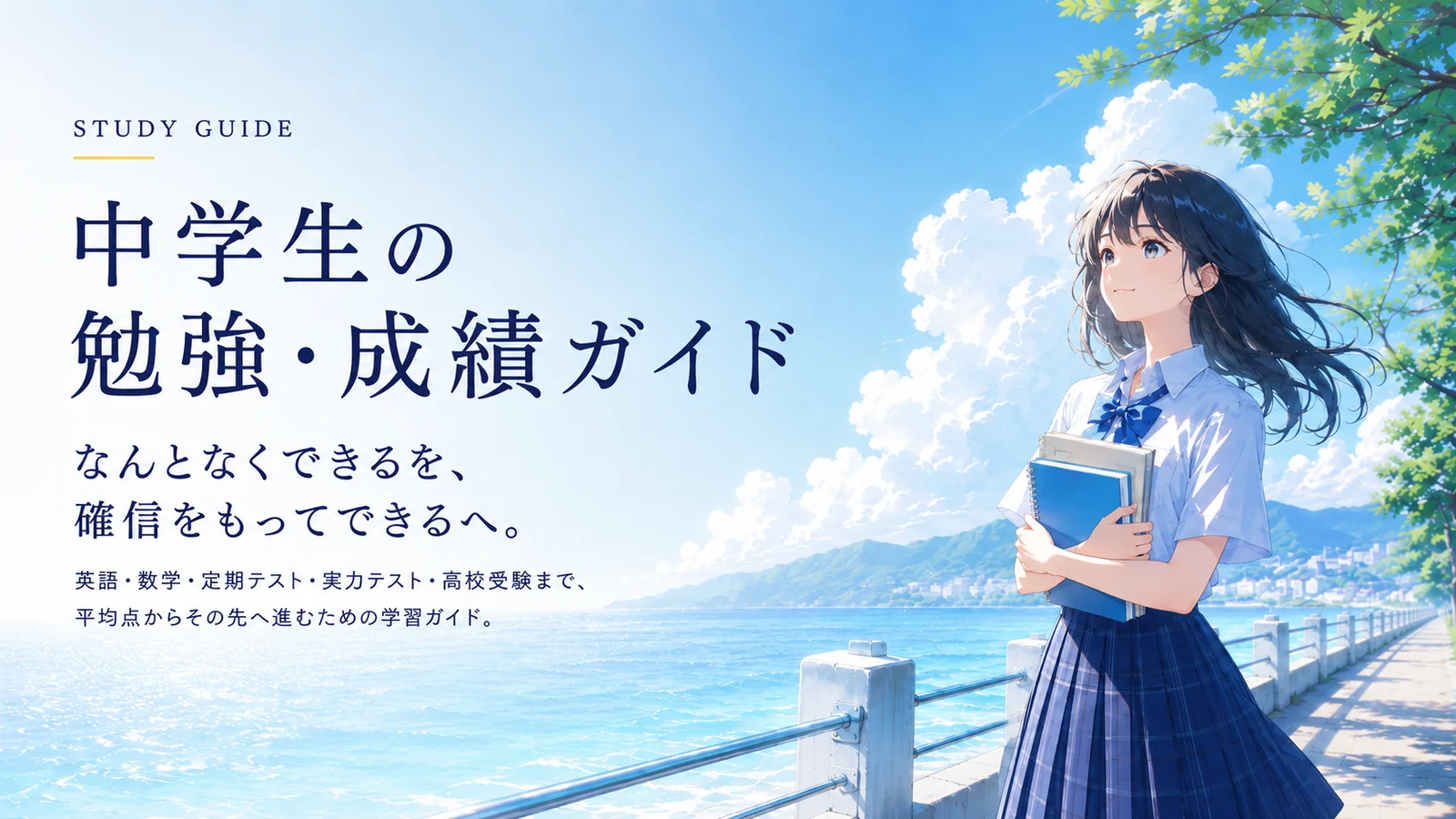 海辺で教材を抱え、空を見上げる女子中学生