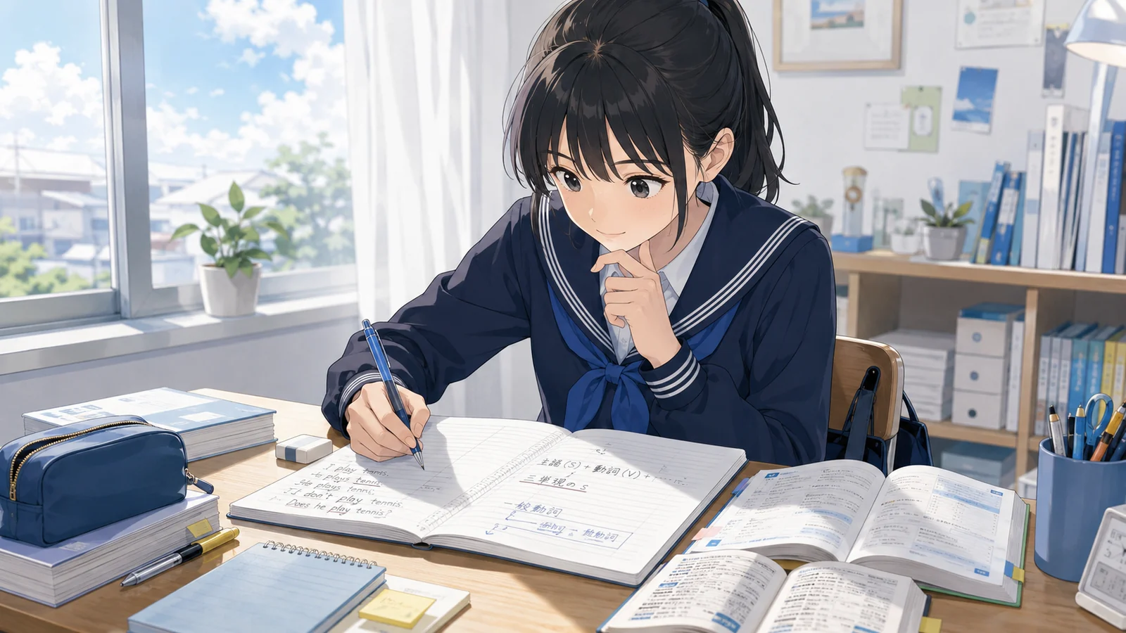 実力テストの結果から次に復習する単元を整理している中学生
