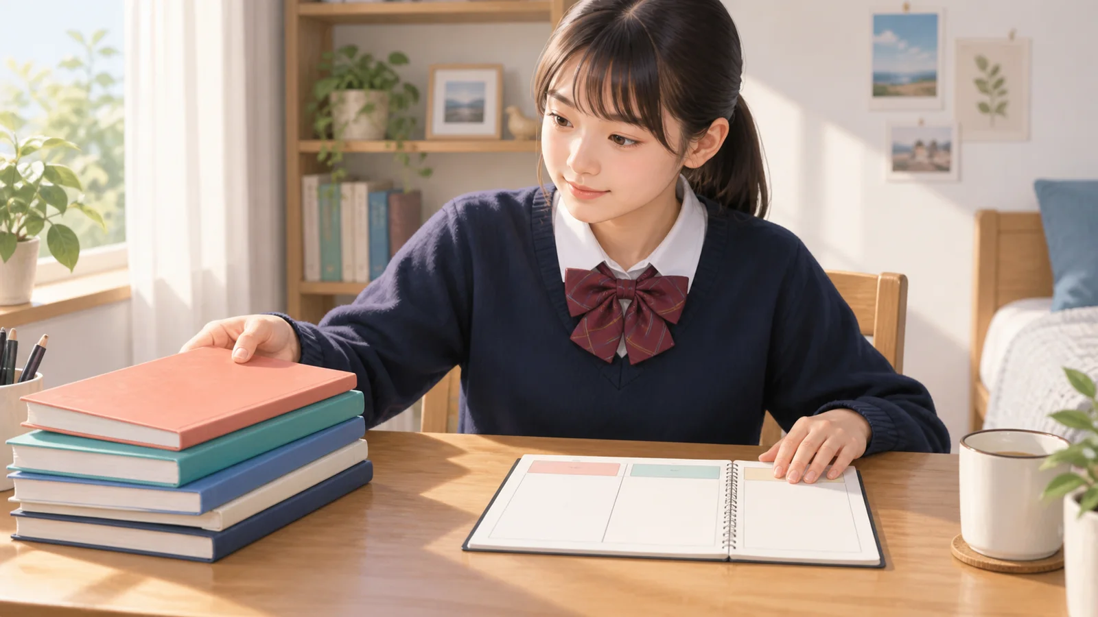 実力テストに向けて教材と3日分の計画を選ぶ中学生