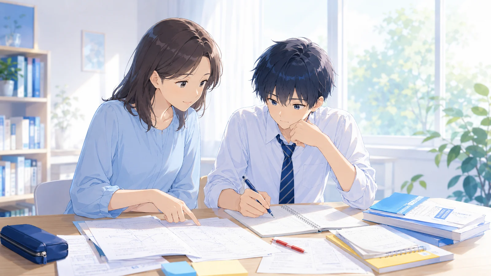塾に通っていても成績が上がらない原因を親子で整理している様子