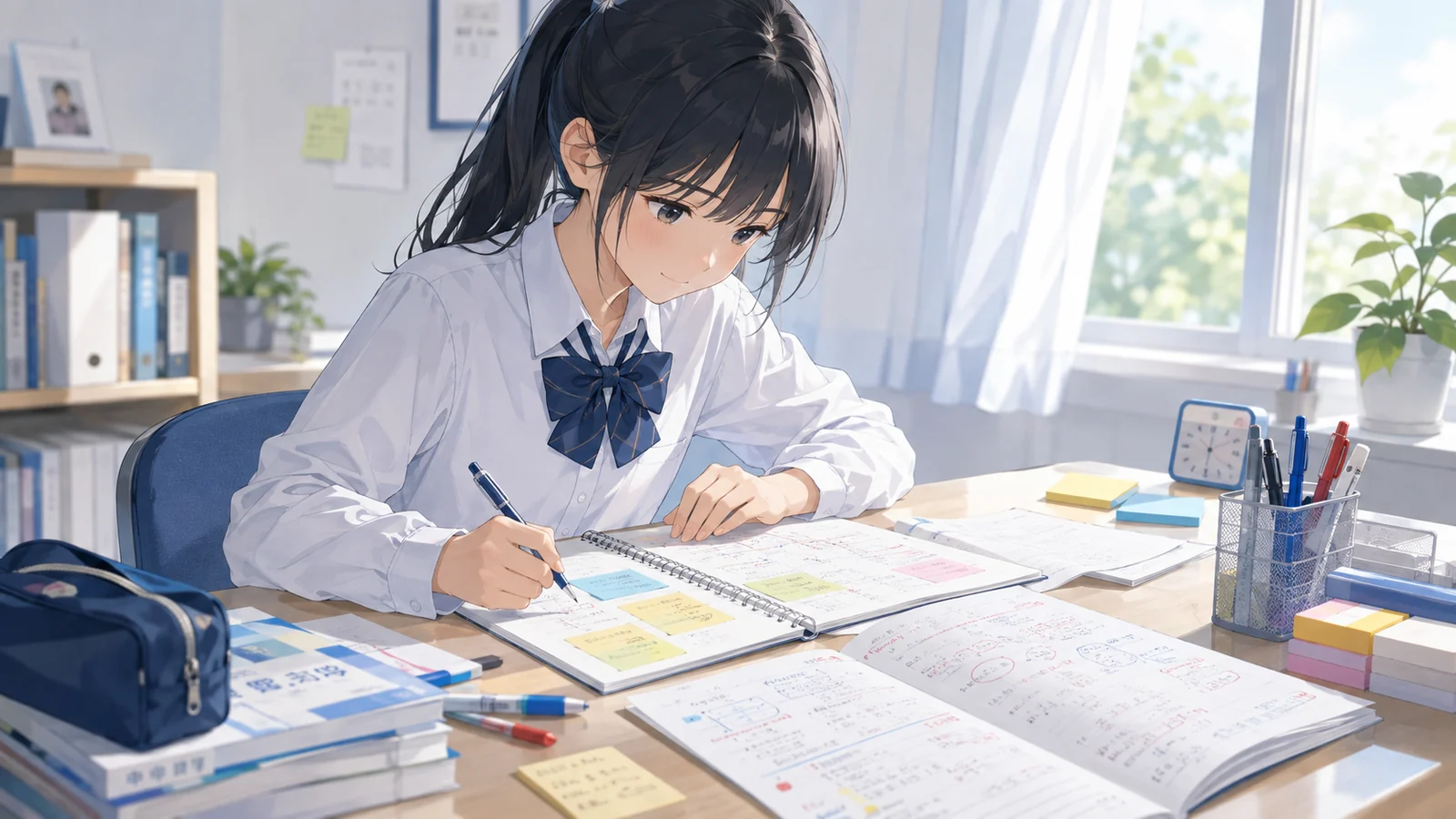 間違えた理由を整理し次に復習する内容を確認している中学生