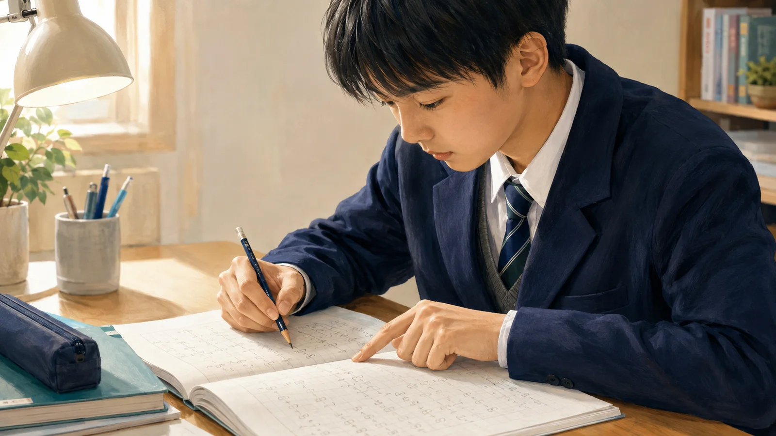 ノートの途中式を一行ずつ確かめる中学生