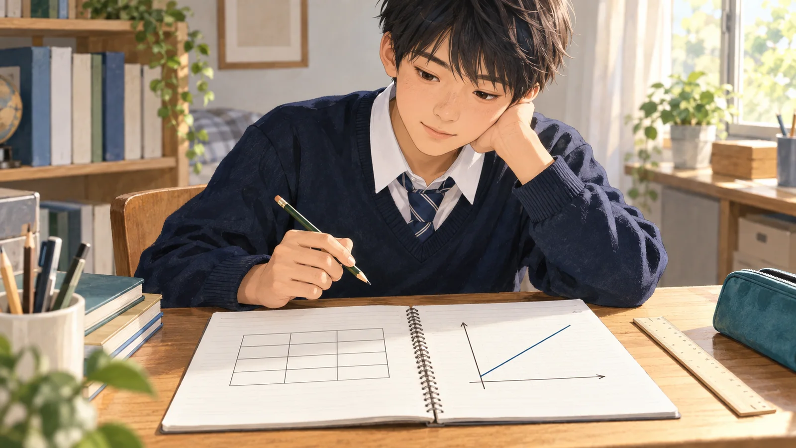 表とグラフをノートで見比べる中学生