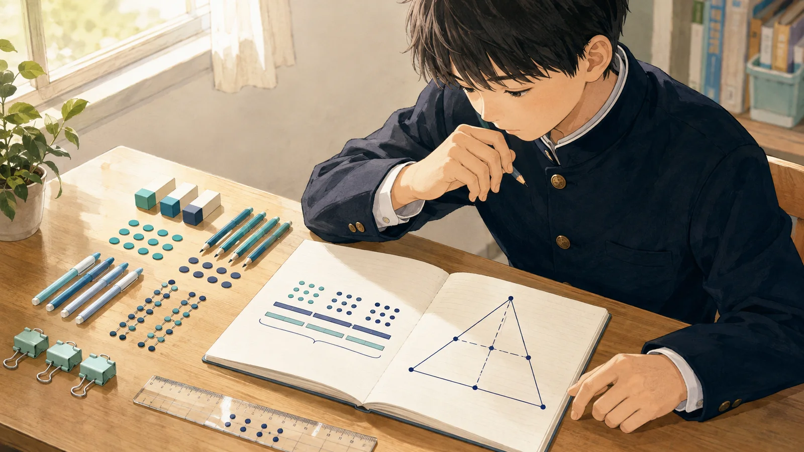 数学の文章題から数量の関係を整理して式を立てる中学生