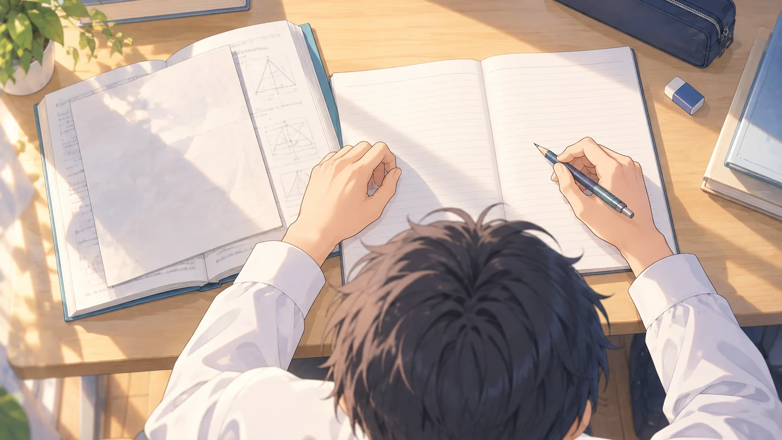 解説のページをノートで隠し、白紙に解き直している中学生