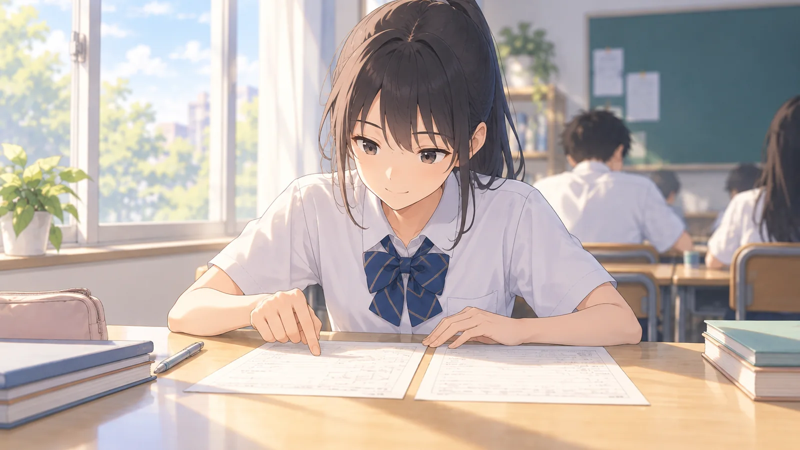 数字の違う類題を並べて同じ考え方を探している中学生