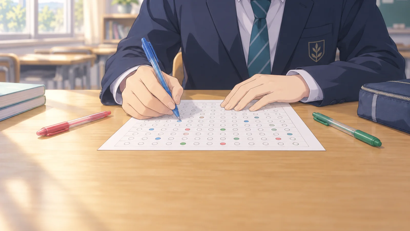模試の答案を見ながら失点の種類ごとに印をつけている中学生