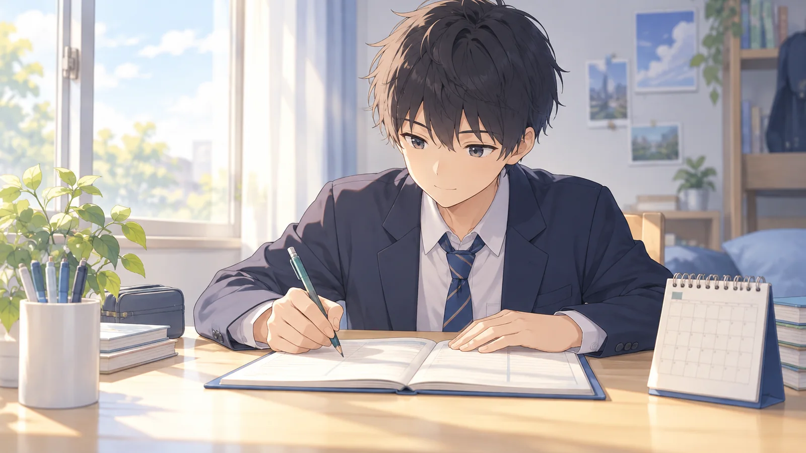 机で14日間の学習予定を手帳に書き込んでいる中学生