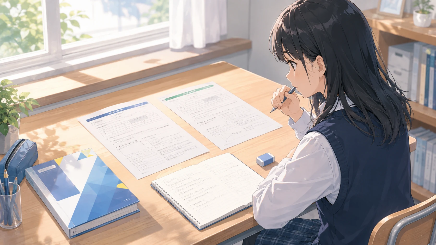 定期テストと実力テストの結果を見比べている中学生