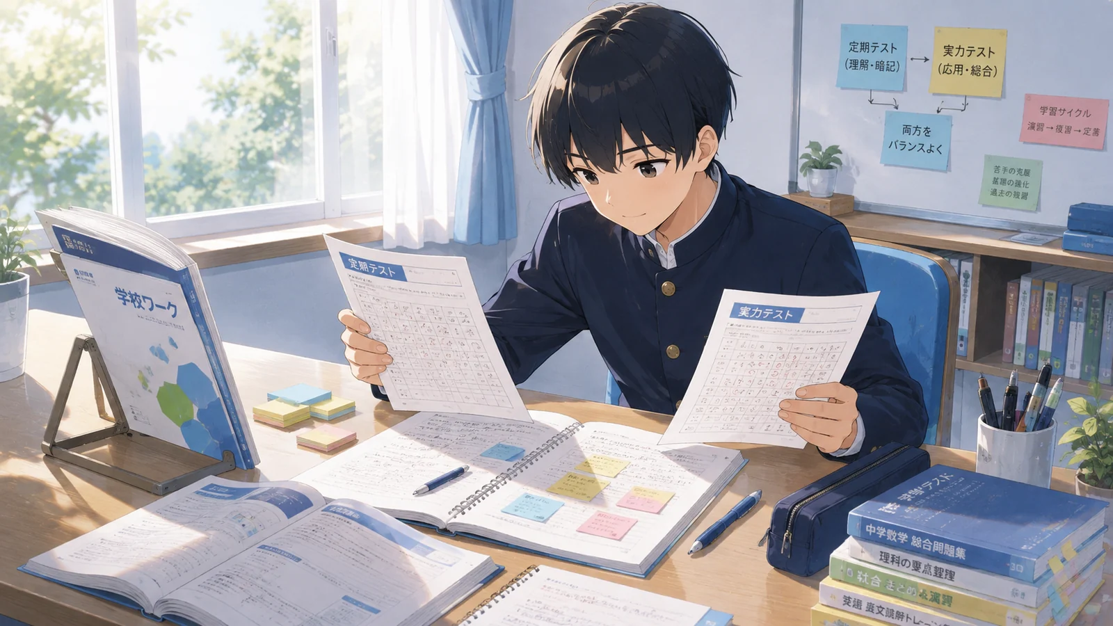 定期テストと実力テストを踏まえて勉強方法を見直している中学生