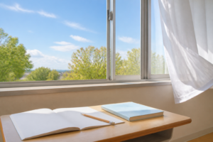 新学期を迎える9月の明るい教室と学習机