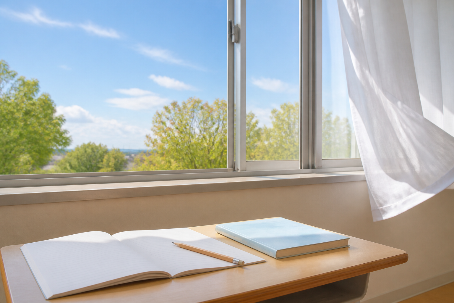 新学期を迎える9月の明るい教室と学習机