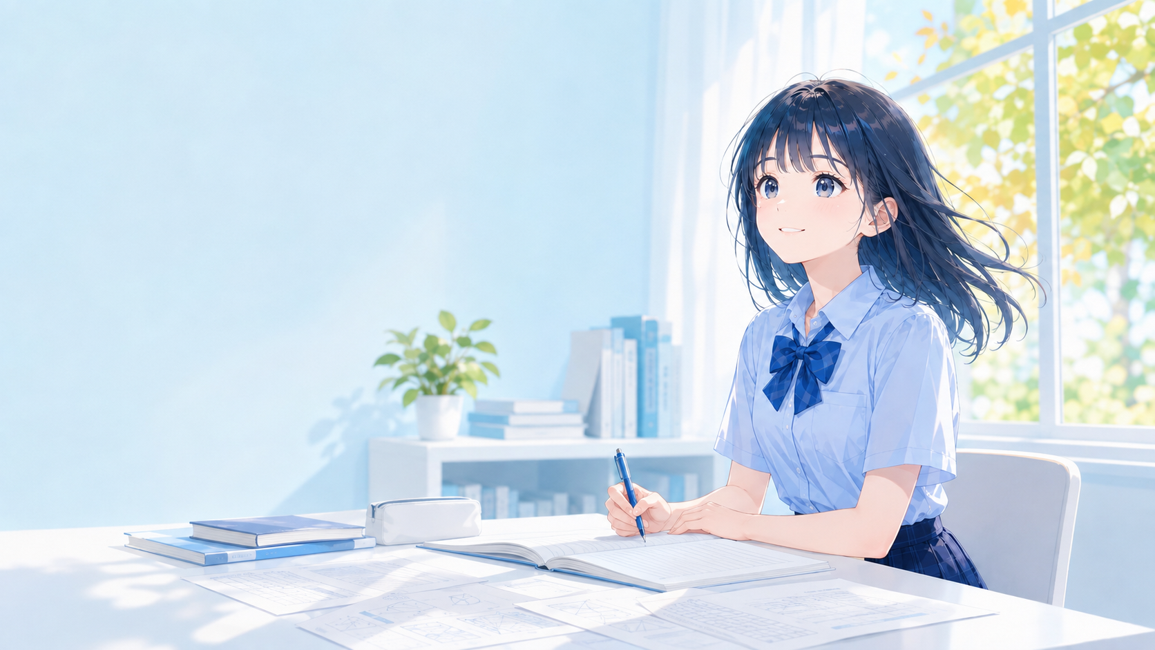 中2入試準備ゼミに向けて英語と数学を学ぶ女子中学生