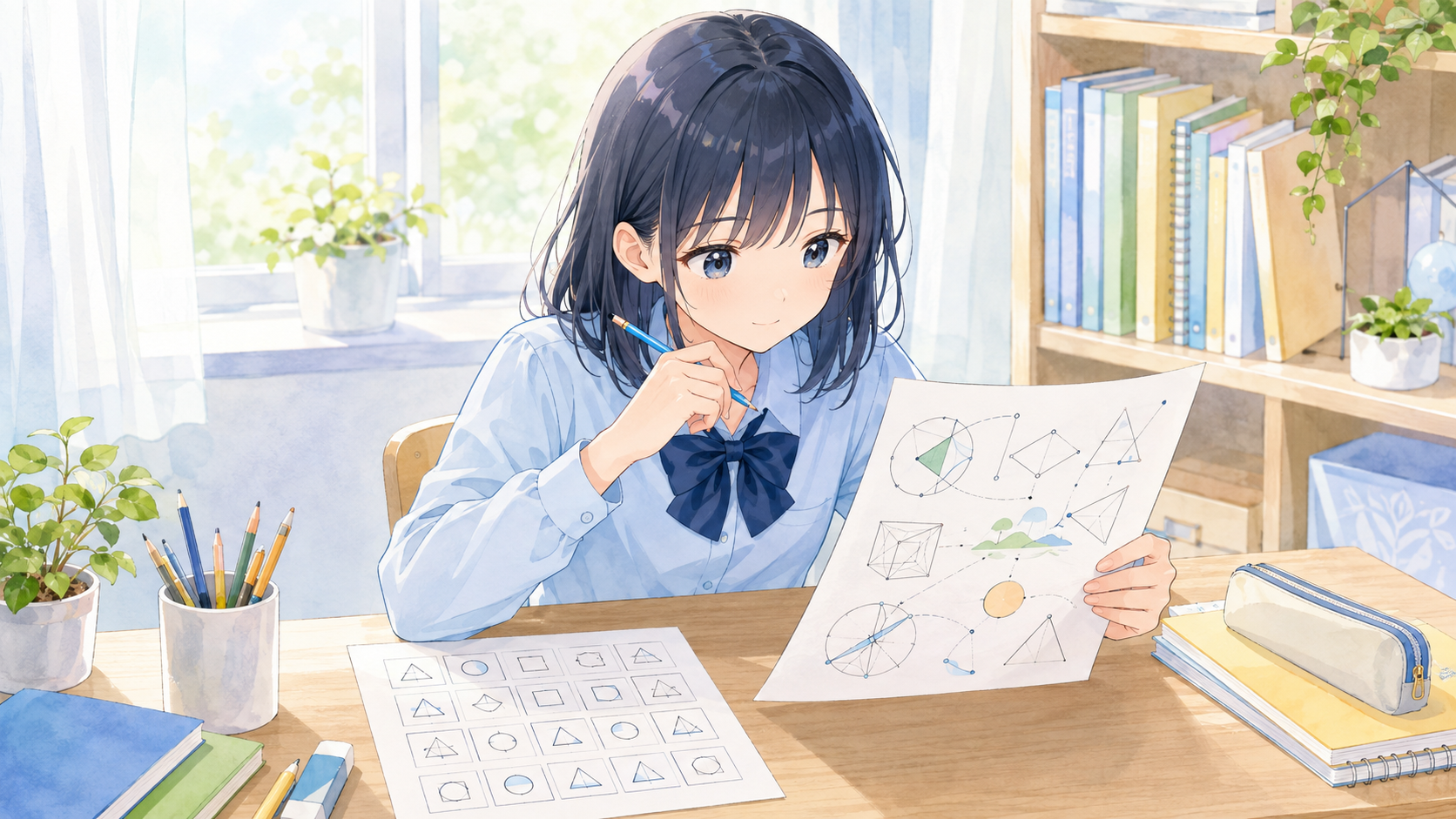 定期テストの練習問題と実力テストをイメージした問題を見比べる中学生