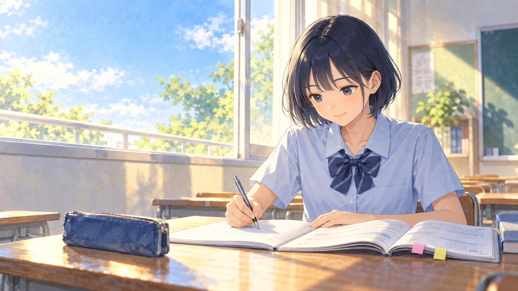 授業を受けた日に学校ワークを進める中学生