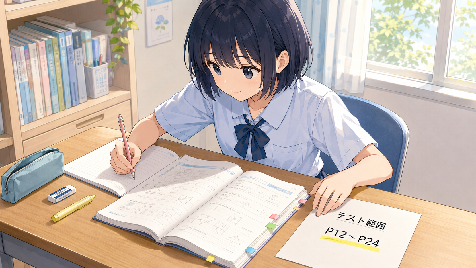 テスト範囲P12〜P24を確認し、問題集を開いて自分で解き始める中学生