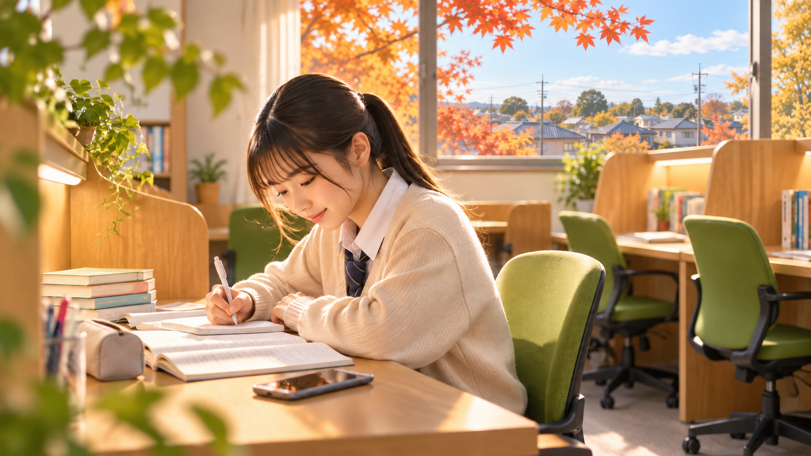 秋の光が入る自習室で学ぶ高校生